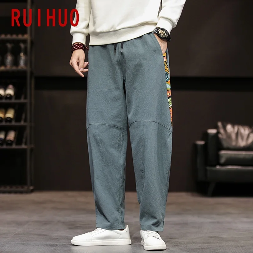 

RUIHUO Linen Harem Pants Men Joggers Sweatpants Japanese Streetwear Men Pants Trousers Casual Mens Pants 2021 M-5XL