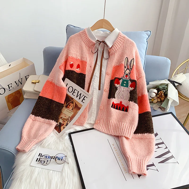 

EBAIHUI Cardigan For Women Cartoon Rabbit Strawberry Sweater Knitted O-neck Korean Fashion Jumper Preppy Style Kawaii Knitwear