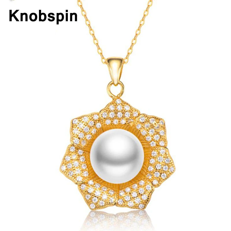 

Knobspin жемчужно-белый натуральный пресноводный 11 мм жемчуг кулоны ожерелья 925 Цвет серебристый, Золотой покрытием цветок циркония Колье цепи