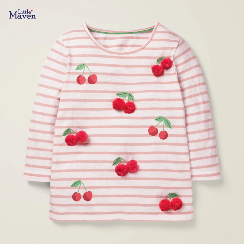 

Little maven Kids 2021 Autumn Brand Clothes Children Pink Striped Fruit Applique T Shirt Fall Clothes for Toddler Girls 2-7y