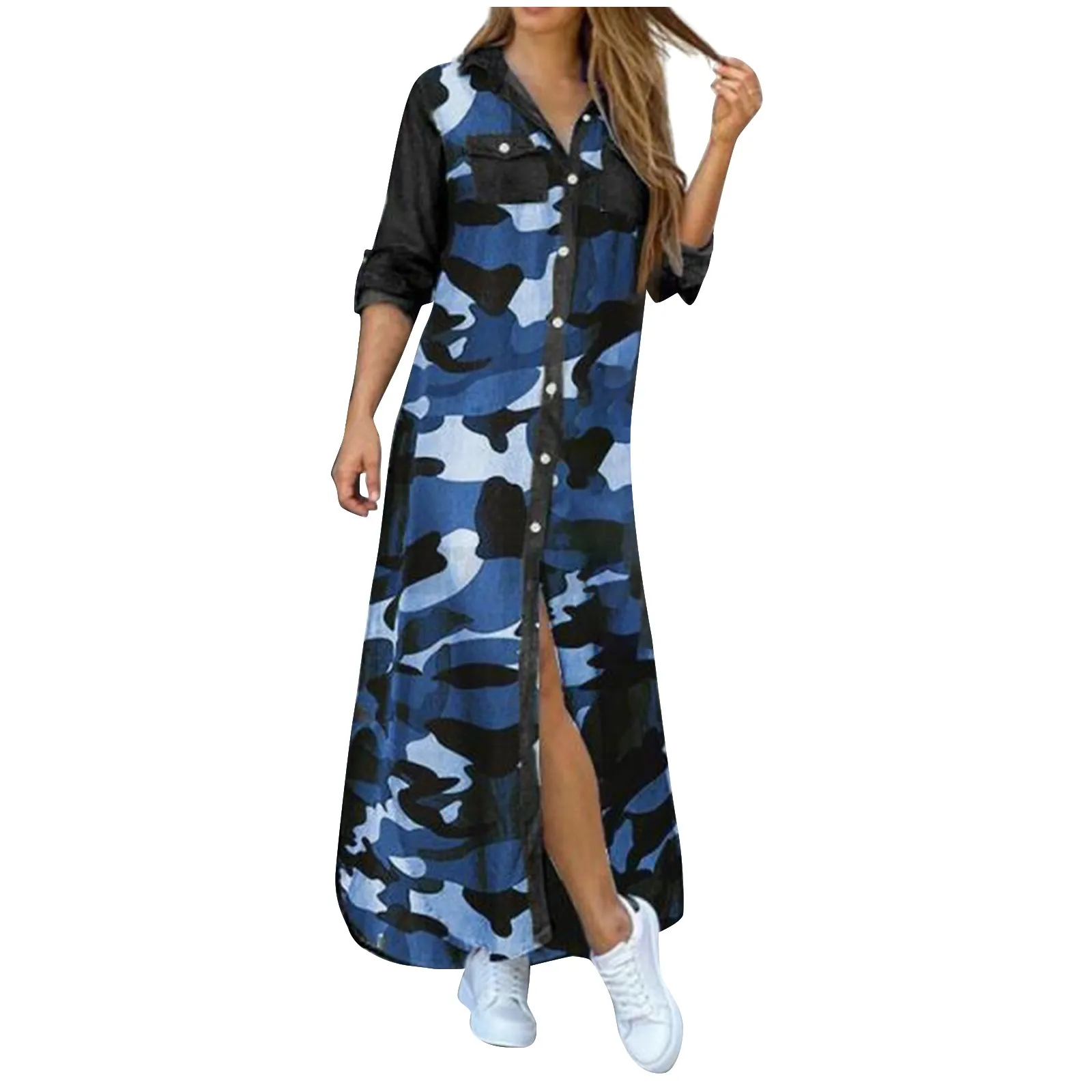 

Robe en jean pour femmes robe en jean de grande taille longue a boutons Robe longue en jean pour femmes fendue a revers Sexy