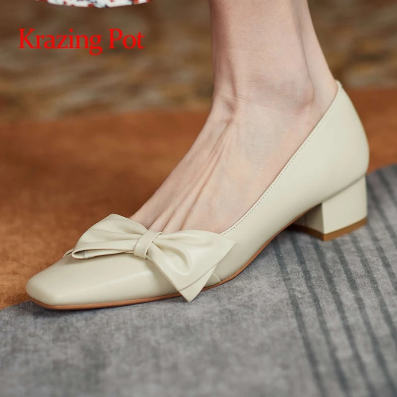 

Krazing pot genuine leather square toe med heel butterfly-knot Korean street pretty girls dating slip on sweet women pumps L01