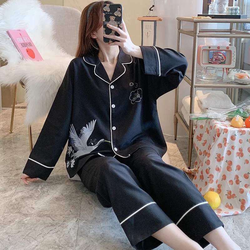 

Pajamas Women's Spring and Autumn Korean-Style Long-Sleeved Ice Crane Suit Cardigan Cute Casual Artificial Silk Home Wear