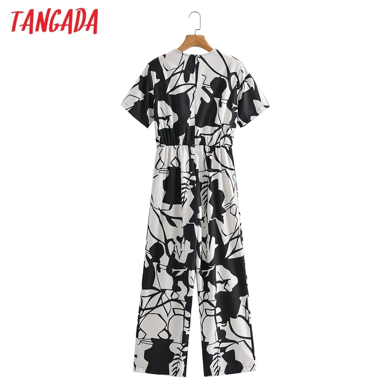 

Tangada Women Leaf Print Long Jumpsuit Short Sleeve V Neck Strethy Waist Female Casual Jumpsuit 1F186