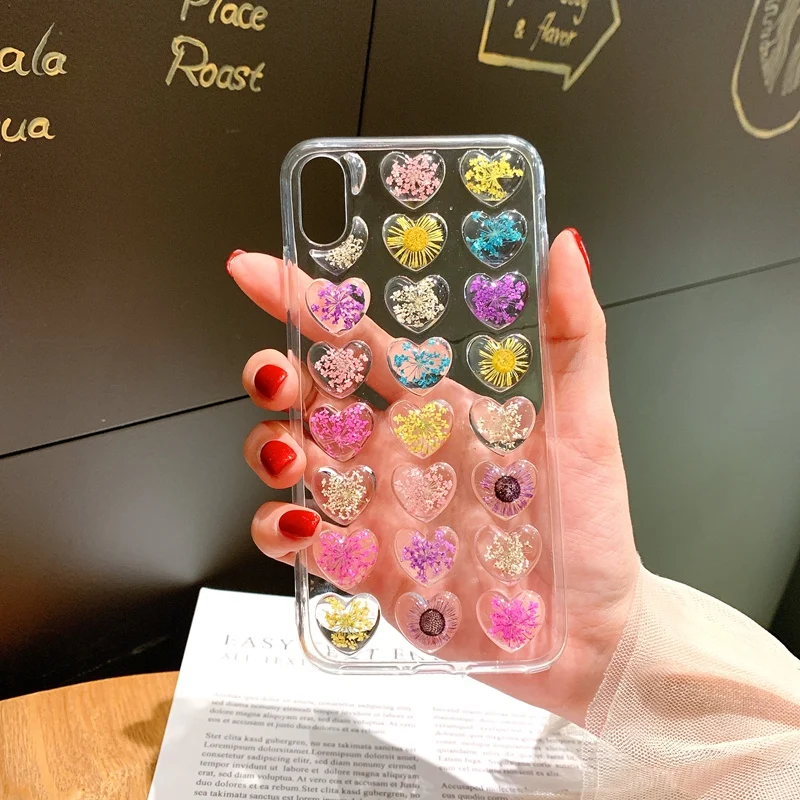 Cute 3D Love Heart Dried Flower Phone Case for iphone 11 Pro Max 6 6S 7 8 Plus X XS XR Real Soft TPU Back Cover |
