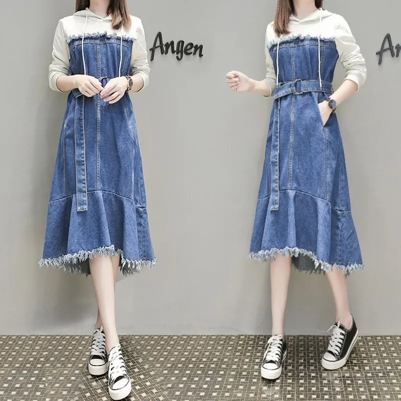 Женское джинсовое платье с бахромой и капюшоном размера плюс 5XL Длинное