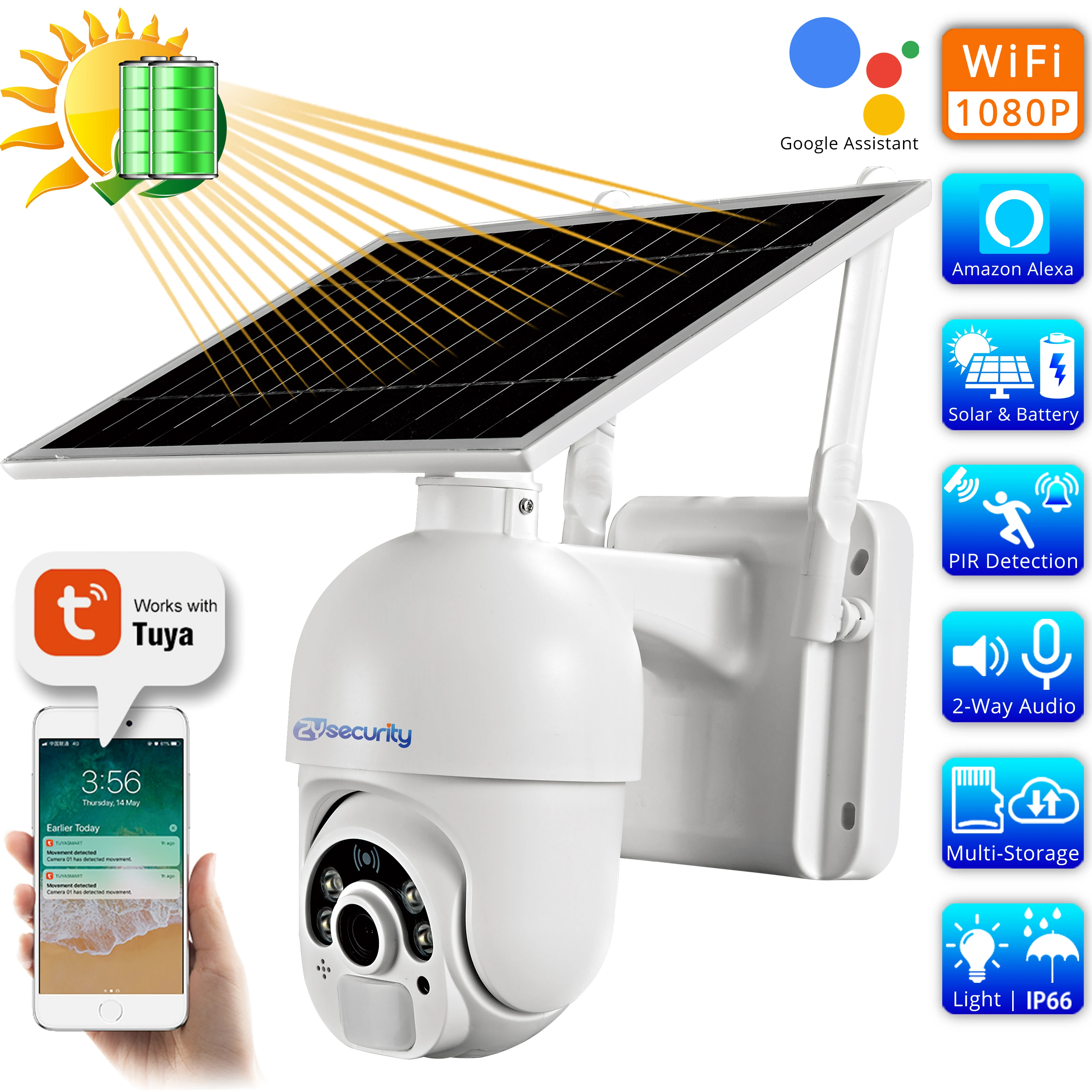 

Solar Battery WiFi PTZ IP Camera Works with Alexa 1080P Outdoor Color Night Vision 2-Way Audio PIR Detect Wireless CCTV Camera