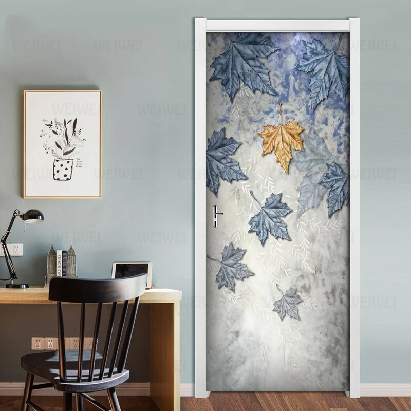 

3D современные растения кленовый лист двери наклейки серый синий фон для спальни украшения дома постер ПВХ водонепроницаемый самоклеющийся