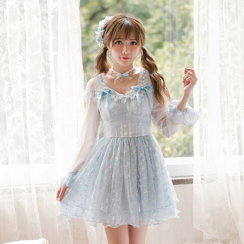 Женское осеннее мини платье C22CD7171 яркое Голубое Бальное Платье со звездами и