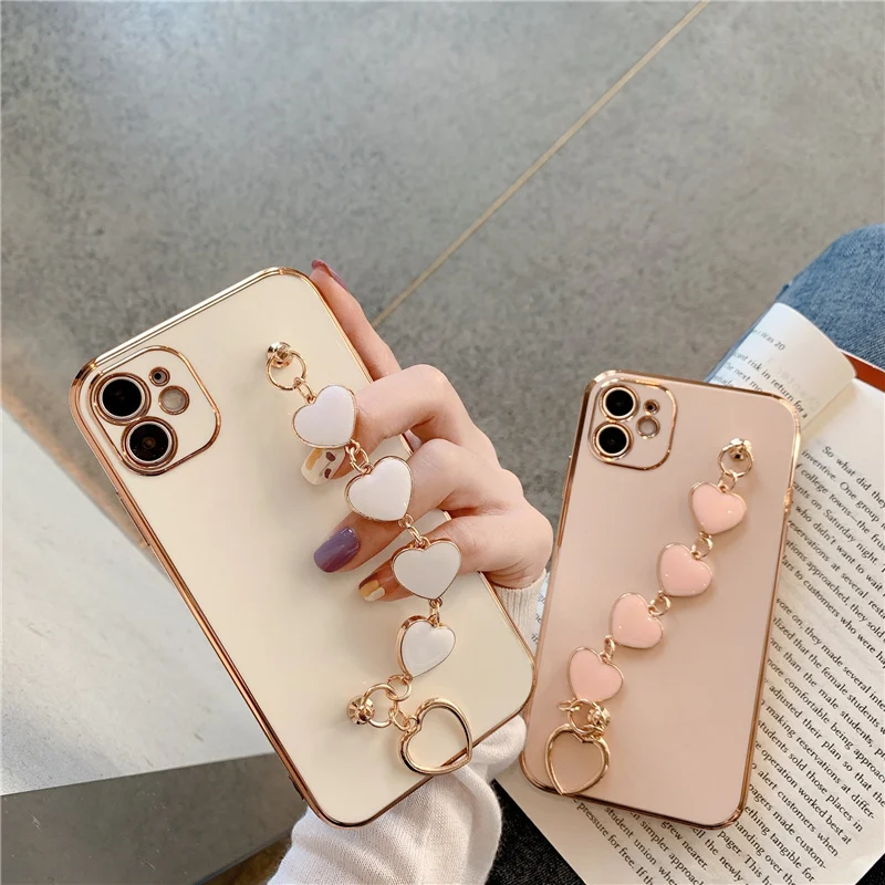 

Luxury Plating Love heart chain Wrist Bracelet soft case for iphone 12 Pro Max MiNi 11 pro max X XS XR 7 8 Plus Cover