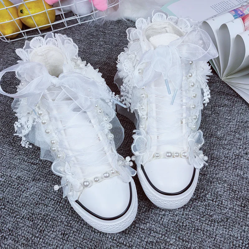 

Summer and autumn handmade lace pearl canvas shoes women's shoes casual shoes white inner height wedding shoes single shoes