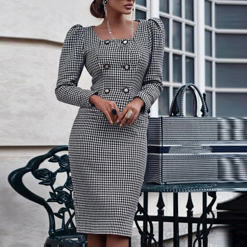 

Square Collar Women Chic Slim Houndstooth Dress Button Patchwork Casual Long Sleeve Dress Lady Spring Autumn Print Party Dress