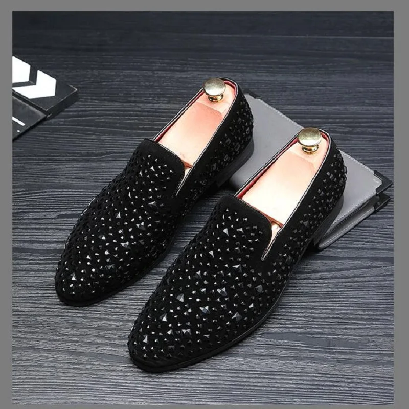 Черные Мужские модельные туфли со стразами роскошные бархатные Мокасины с