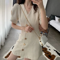 spring vintage french v neck dress women linen thin puff sleeve a line midi sundress party button casual womens dresses 2022