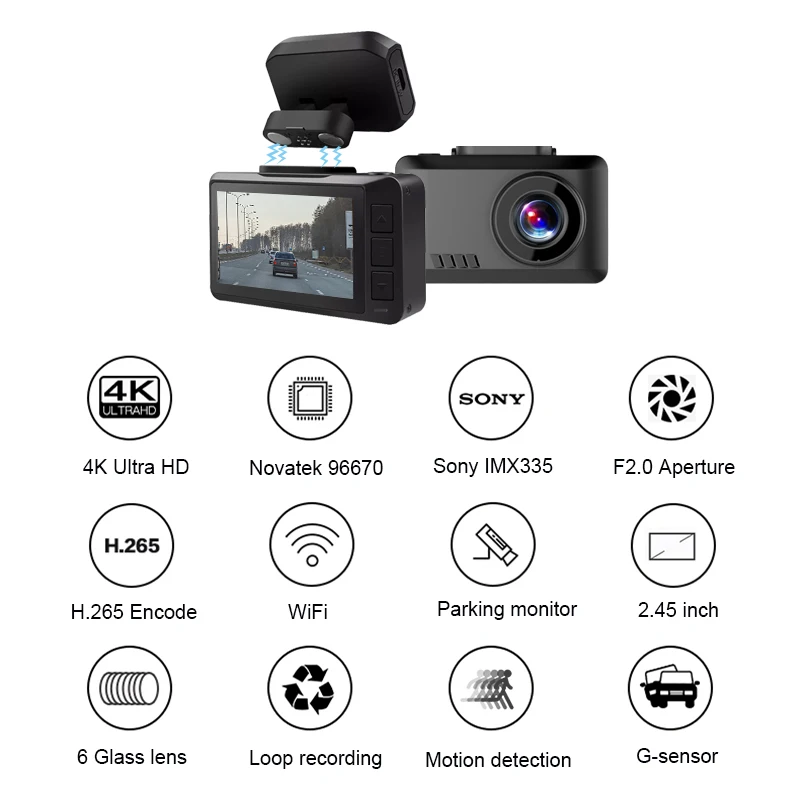 Видеорегистратор автомобильный 4K 2 45 дюйма 2160P HD Wi-Fi GPS 1080P | Автомобили и мотоциклы