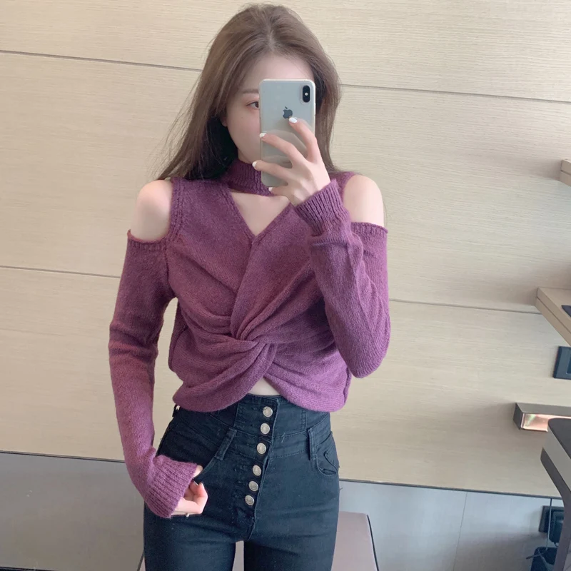 

HKCP Fashion Sweaters Women Office Lady Sexy Irregular neck Casual open-shoulder top Long Sleeve Knitted Pullovers Autumn 2020