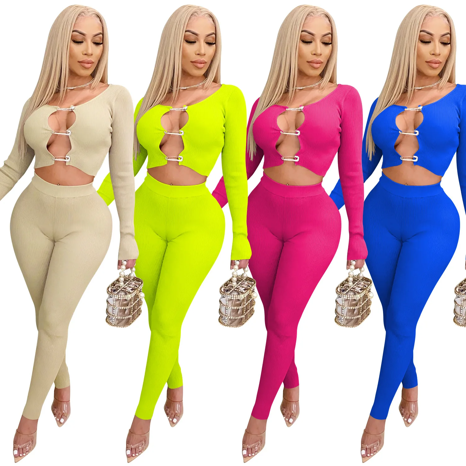 

Hollow Out Women Tracksuit Ribbed Diamonds Brooch Hollow Out Crop Top And Pencil Pants 2 Piece Set Night Club Outfits clothing