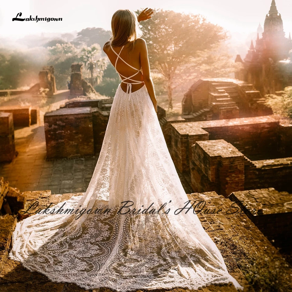 

Lakshmigown Sample Boho Wedding Dress Open Back Criss Cross Floral Applique Vintage Lace Bohemian Bridal Wedding Gowns Robe 2021