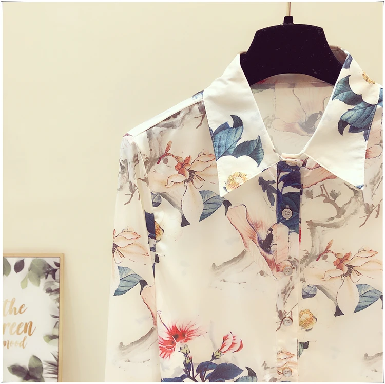

Spring Green Flower Tops and Blouses Women Long Sleeved Shirt Fashion Floral Print Loose Shirts