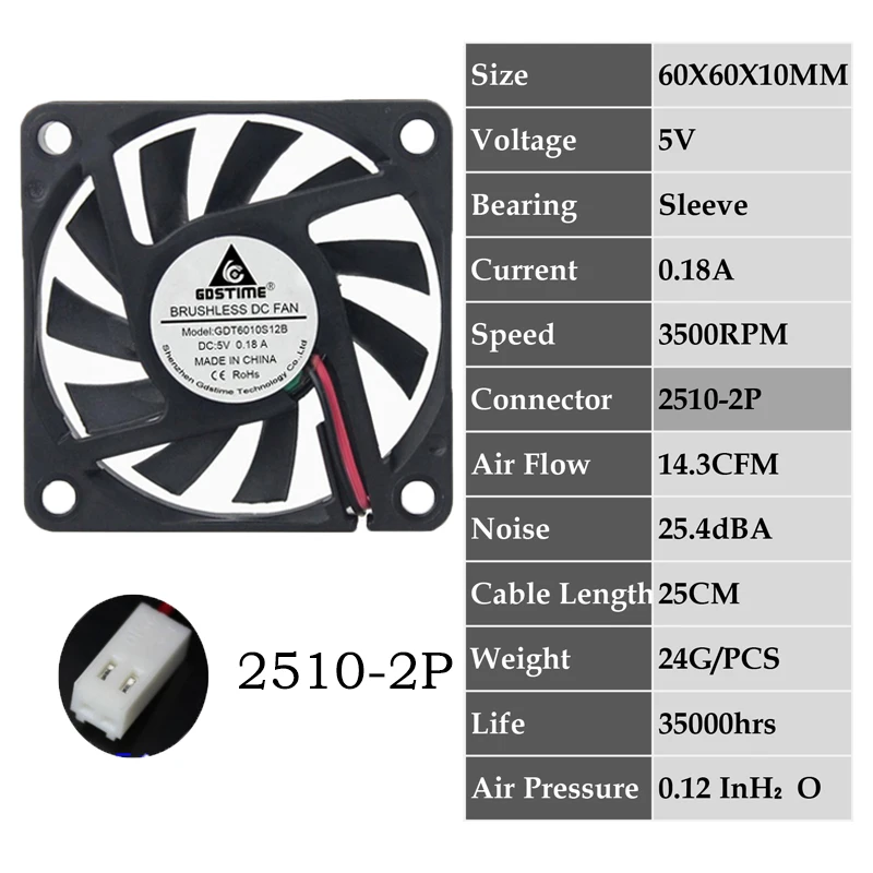 0.18A6010S5V2510-2P 2 шт. Gdstime 2Pin DC 5 в 12 В 24 в 24 вольт 6 см 60x60x10 мм 60 мм двойной шариковый подшипник Бесщеточный вентилятор охлаждения 60 мм x 10 мм кулер - Цвет лезвия: 0.18A6010S5V2510-2P
