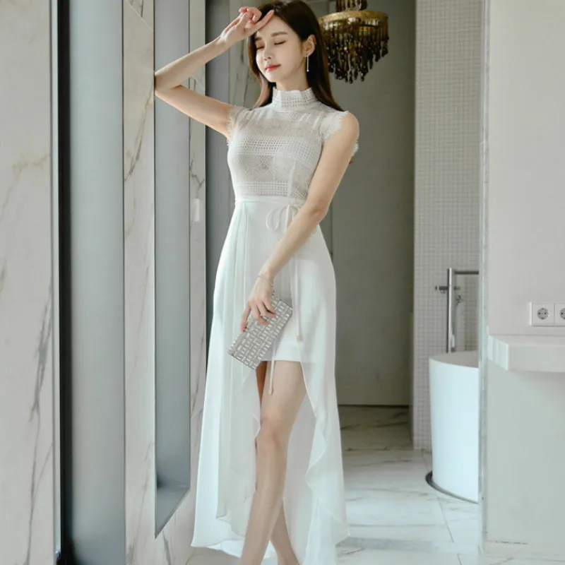 

Женское шифоновое платье-халтер, белое кружевное платье макси без рукавов, в Корейском стиле, летнее, праздничное, длинное