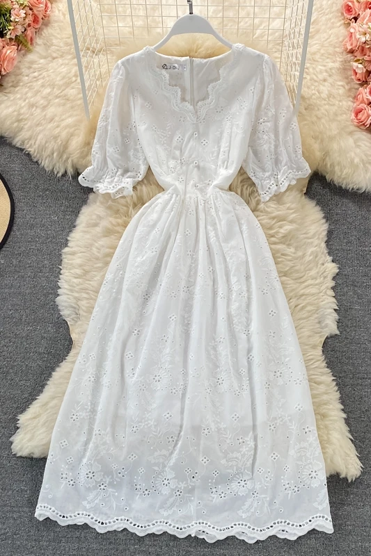 

2021 white hook flower hollow A-line dress summer women's casual cotton V-neck dress high waist slim Hollow Out dress