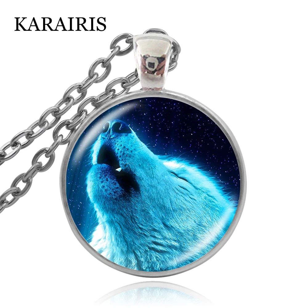 

KARAIRIS Vintage Wolf Art Picture Pendant Statement Necklace Time Gem Glass Cabochon Moon Howling Wolf Necklace For Man Boys