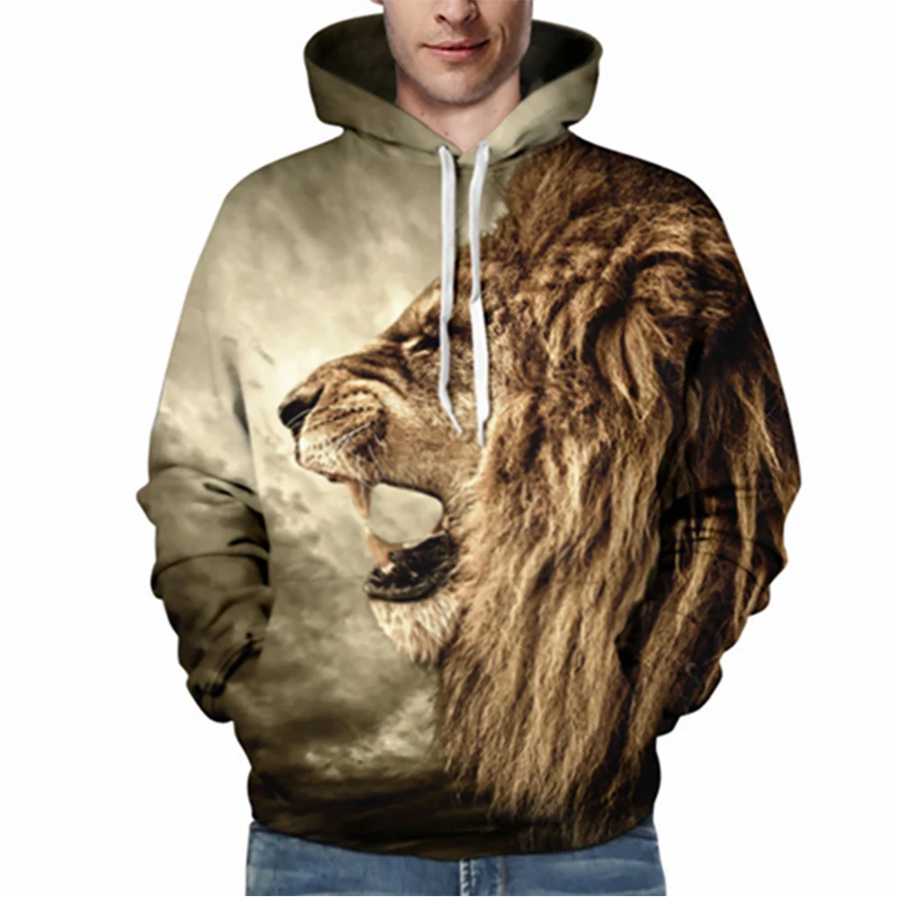 Mens Hoodies Funny 3D Tiger Lion Print Animals Sweatshirt Casual Loose Pocket Long Sleeve Winter Men Hoodies Unisex Pullovers