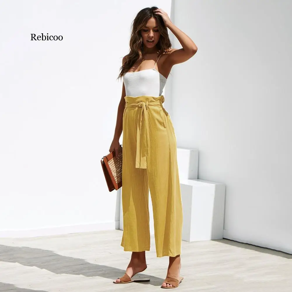 

New Pant Women Girl Solid Color Pleated Wide Leg Female Summer High Waist Cotton Long Sashes Fashion Casual Pants