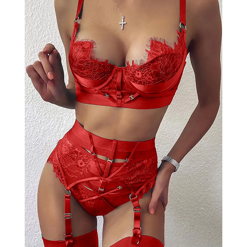

Sexy Lingerie Sets Lace Wired Cup Suspender Straps lenceria sensual mujer Sexi Red Green lenceria eroticos bielizna erotyczna
