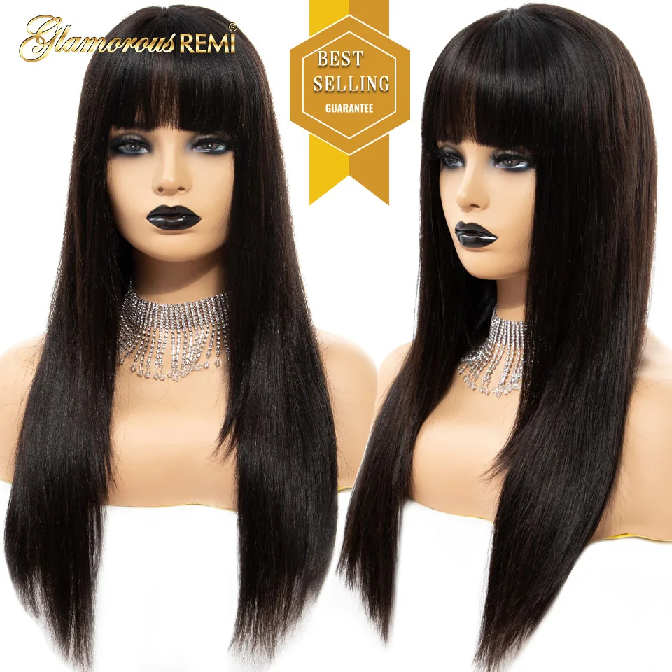 Glamorousremi, малазийские прямые парики на кружеве с челкой, 150% плотность, человеческие волосы remy, предварительно выщипанные бесклеевые парики на кружеве