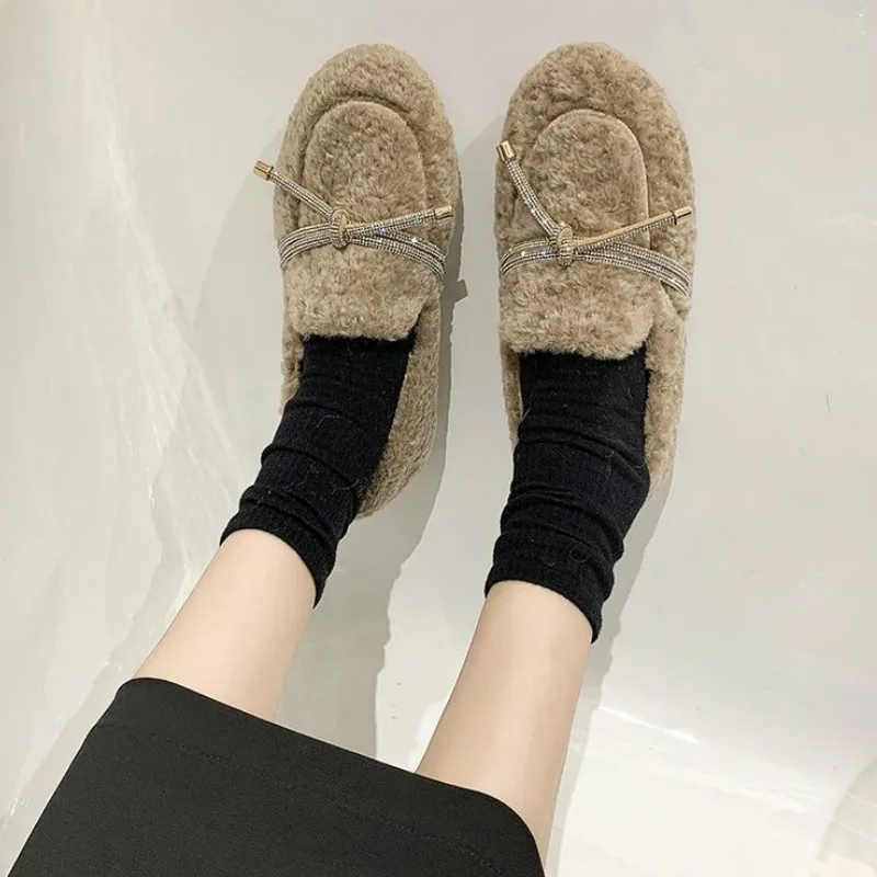 Winter The New Hairy Women's Shoes Casual Fashion Solid Slip-On Round Toe Butterfly-knot Plush High Quality Soft Bottom Flock
