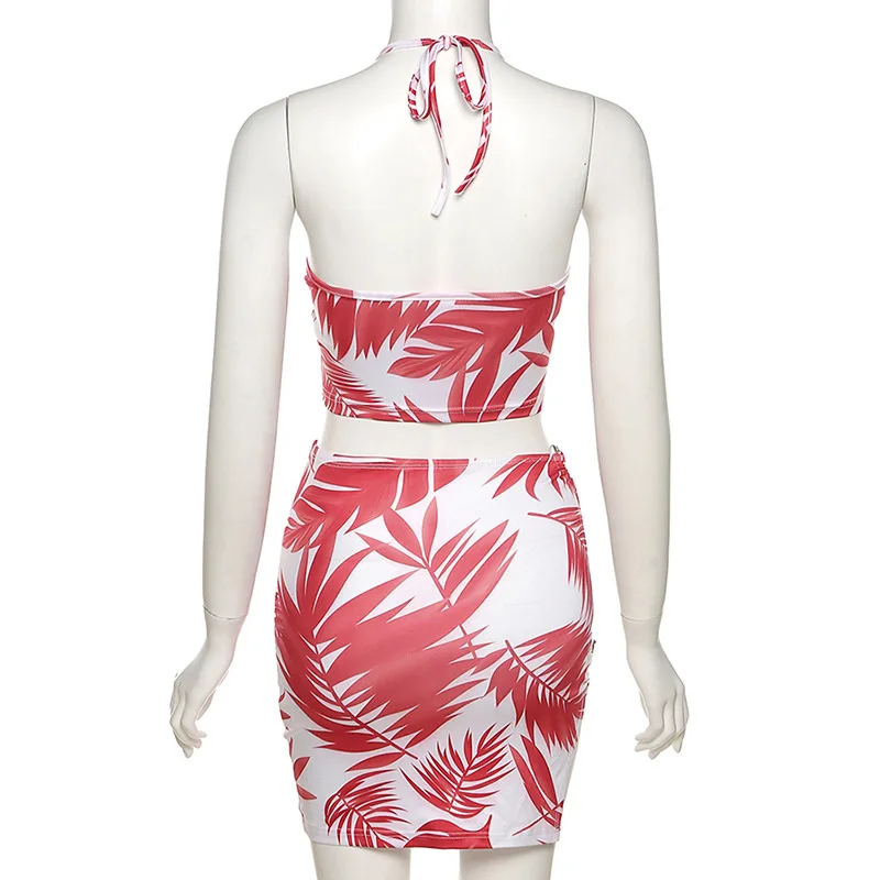 

Tropical 2 Piece Sets Womens Vacation Outfits Summer Side Cutout Mini Skirt Halter Top Sexy Club Dress Sets Dropshipping