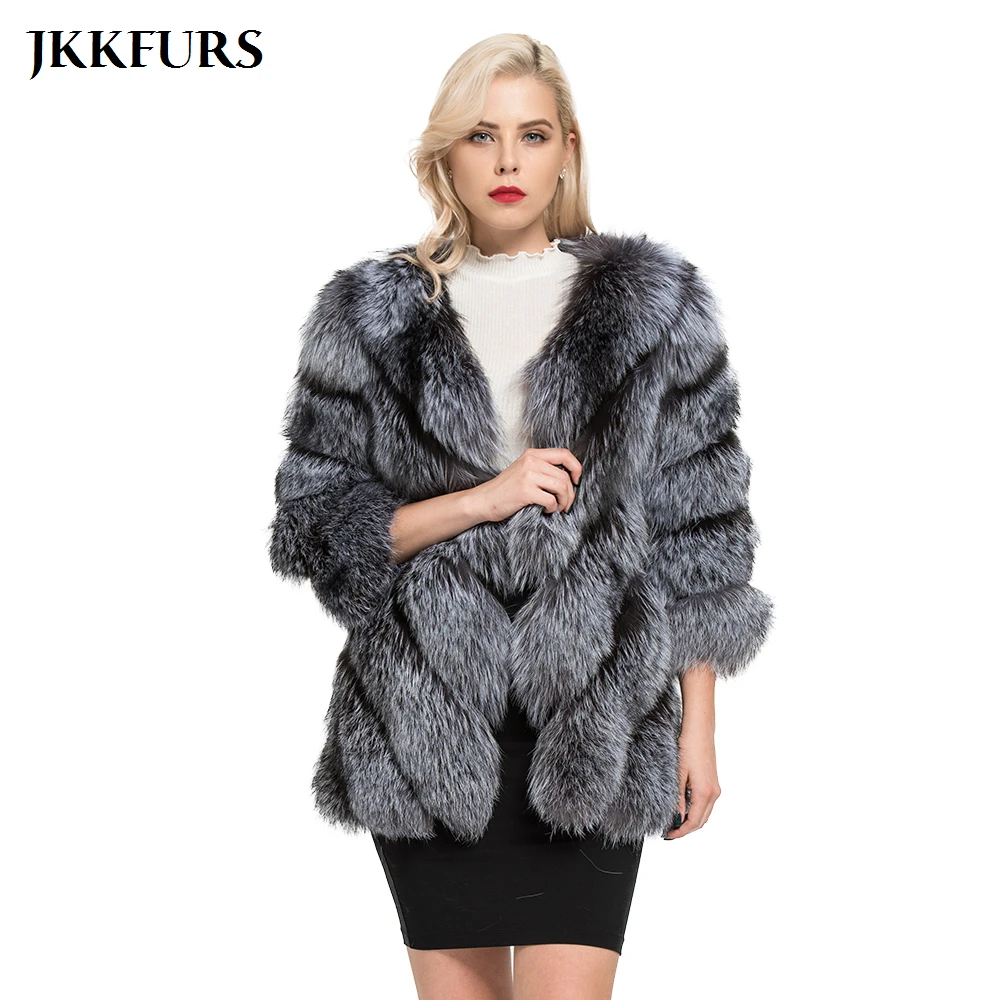 JKKFURS 2021 Новая модная зимняя теплая длинная куртка из натурального Лисьего меха