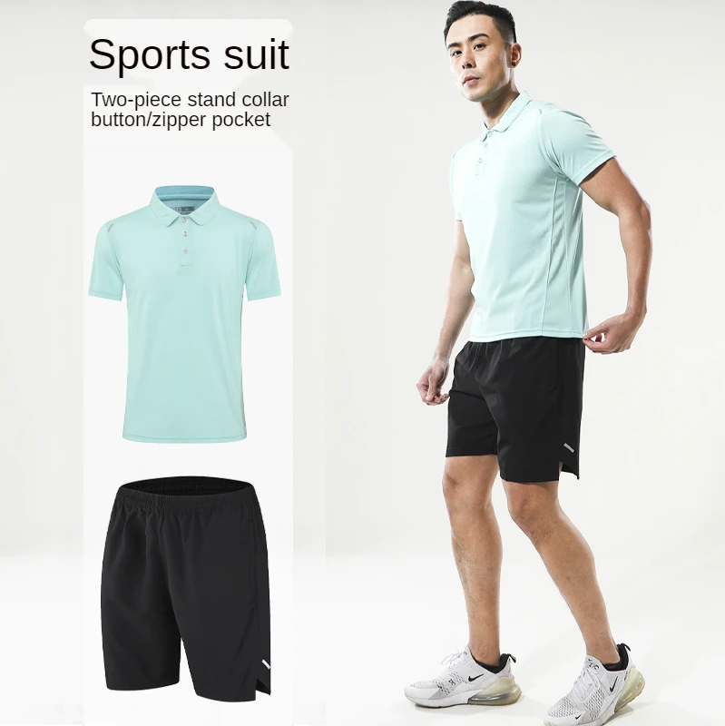 

Badminton suit men's Gym sports basketball suit stand collar top quick dry short sleeve morning running two piece suit