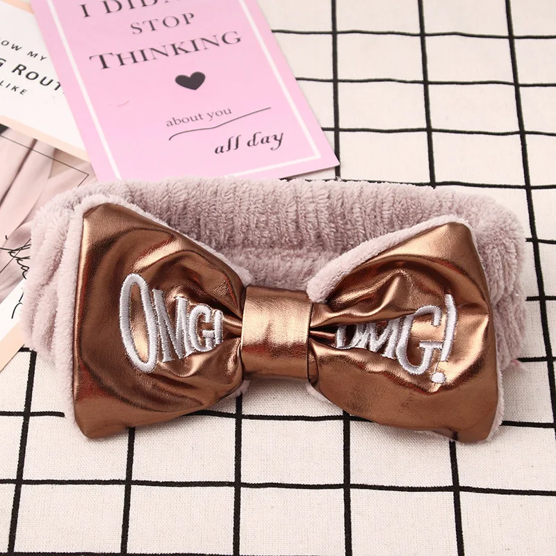 brown PU hairband Лидер продаж, женские повязки на голову omg, повязка для макияжа, эластичная бархатная повязка на голову с бантом, коралловый флис, модные аксессуары для волос для девушек - Цвет: brown PU hairband