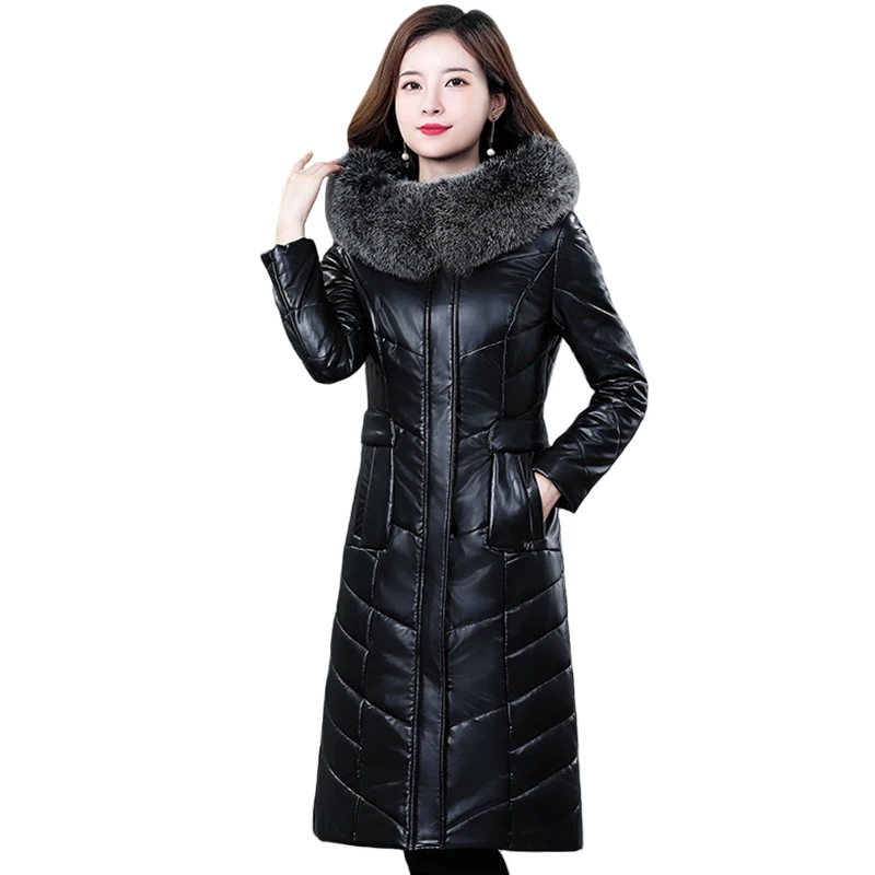 

Real Fox Fur Collar Winter White Duck Down Jacket Women Long Leather Coat Winter Hooded Women Jacket Winter Parkas