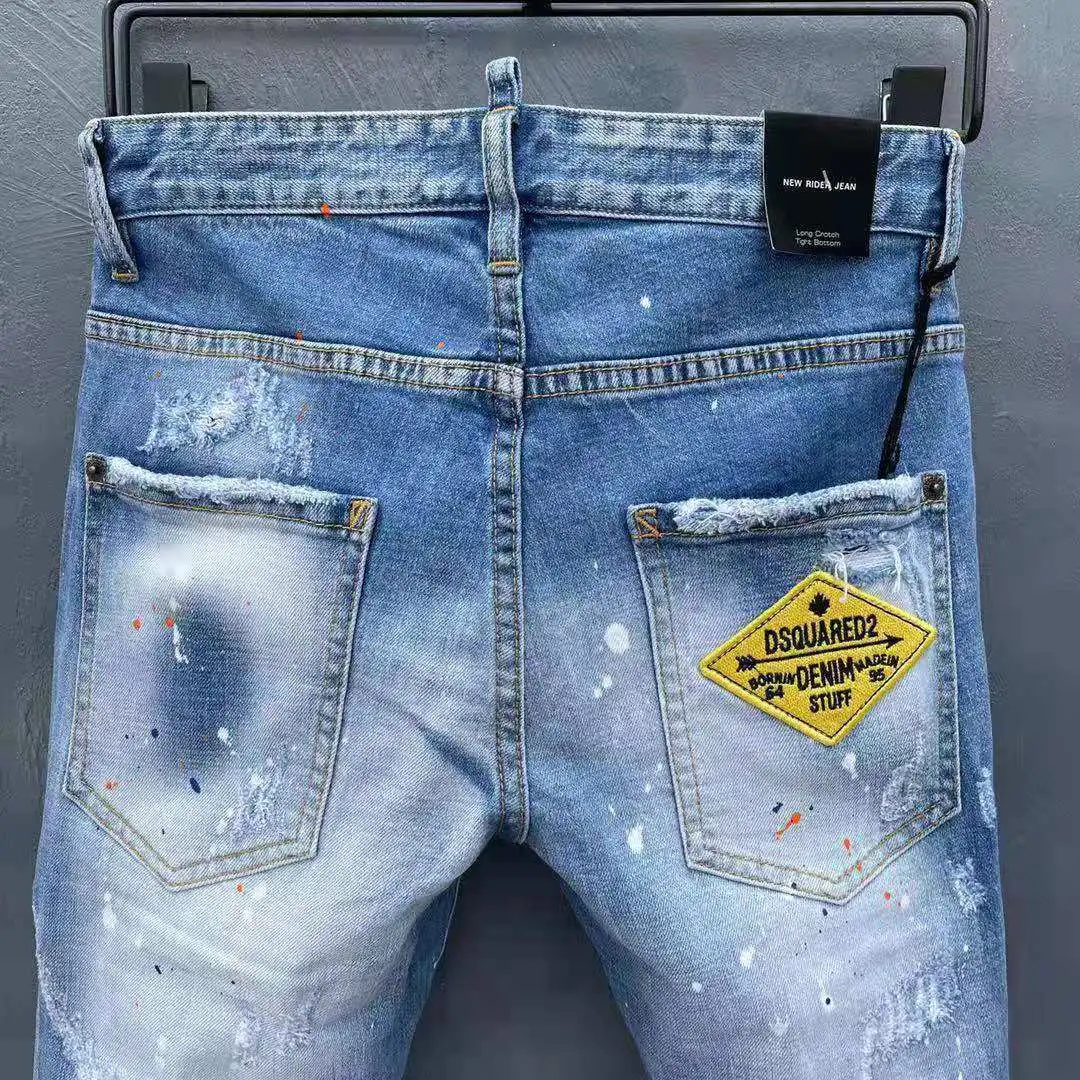 2021 Spring/Summer DSQUARED2 Men's/Women's Jeans Fashion Washed Water Frayed Hole Patches Micro-Elastic Ink Splashing Pants 058