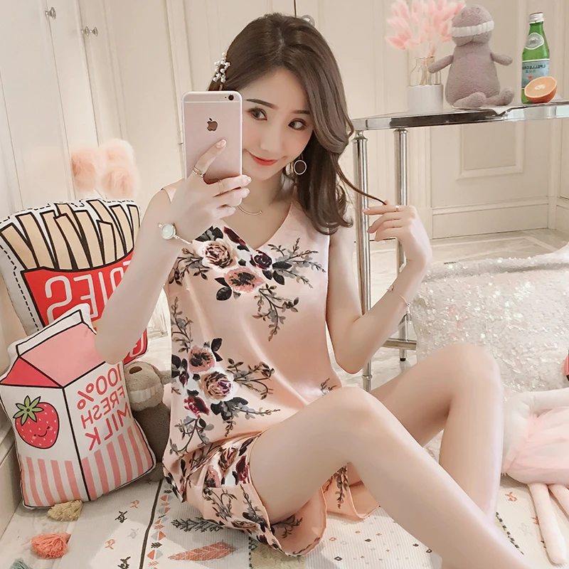 

New Flower Print Lovely Sleepwear Home Suit For Women Summer V-Neck Sexy Silk Pyjamas Lady Spaghetti Strap Loose Pijama Femme