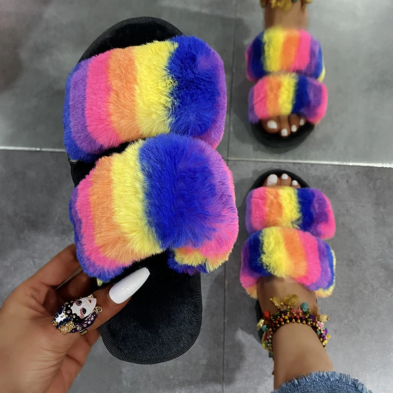

Rainbow Fur Women Slippers Plush Mix Color Home Slides Women's Flats Ladies Comfy Open Toe Thick Bottom Female Shoes Winter Soft
