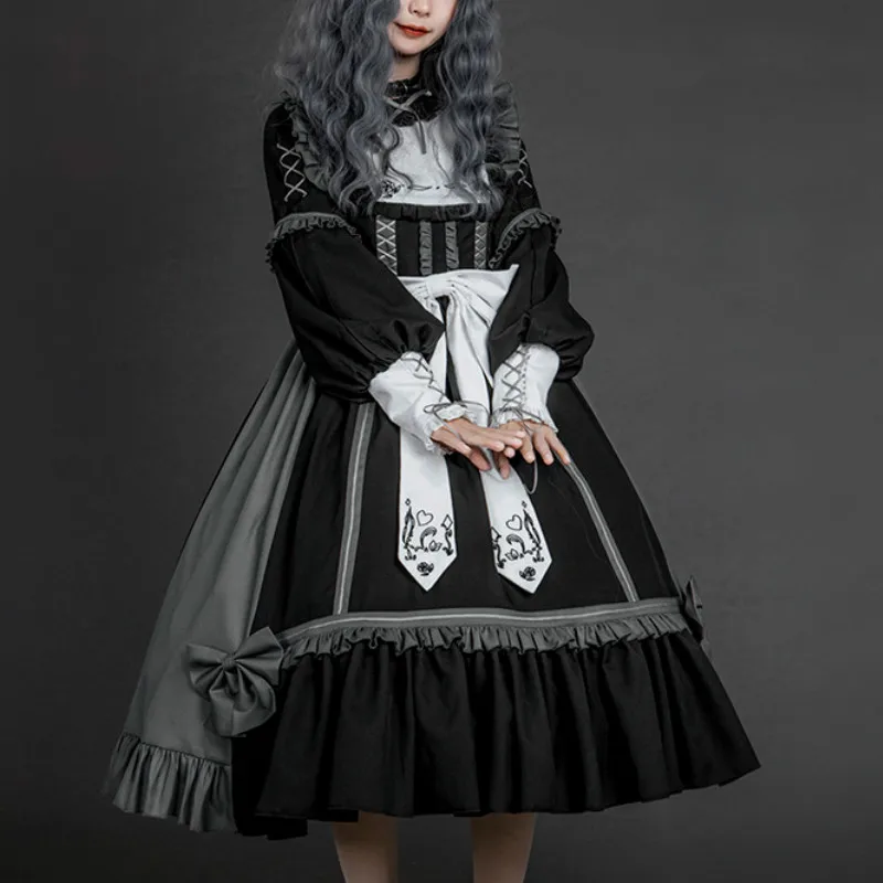 

Medieval Victorian Gothic Lolita Op Dress Women Elegant Rose Poetry Embroidery Bow Long Sleeve Dress Girl Sweet Tea Party Dress