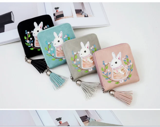 

Напечатанные кожаные товары * мультфильм вышивка кролик кошелек женский короткий корейский стиль милый хипстер бумажник для студента женщ...
