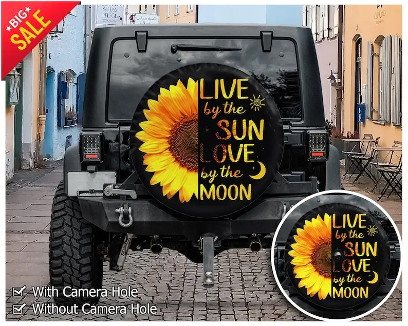 

Sunflower Spare Tire Cover, Backup Camera or Not, All over printed Custom Tire Cover, Great Gift, Car Accessories,