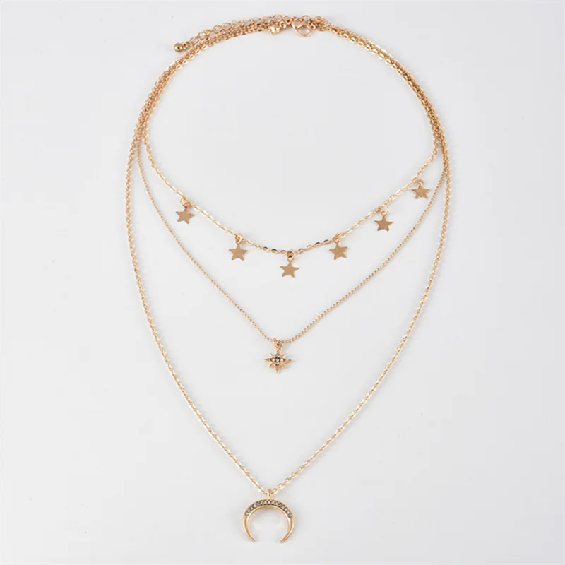 

Simple Temperament Five Pointe Star Full Diamond Multilayer Moon Pendant Necklace