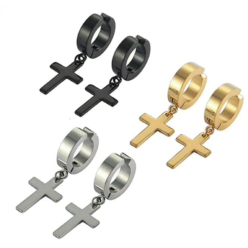 

1 Piece Women Men's Stainless Steel Earrings Black/Silver Color Cross Gothic Punk Rock Style Pendientes Dropping Mujer Moda