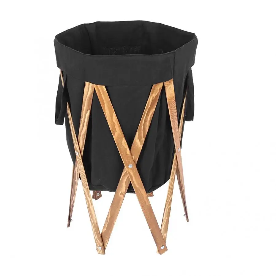 Черный Foldable Laundry Hamper Basket with Wooden Frame Dirty Clothes Bag for Home Use - Цвет: Черный