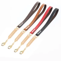 large dog short chain leash prevent sprint pu leather handle big dog leashes with spring buffer for training and walking lead