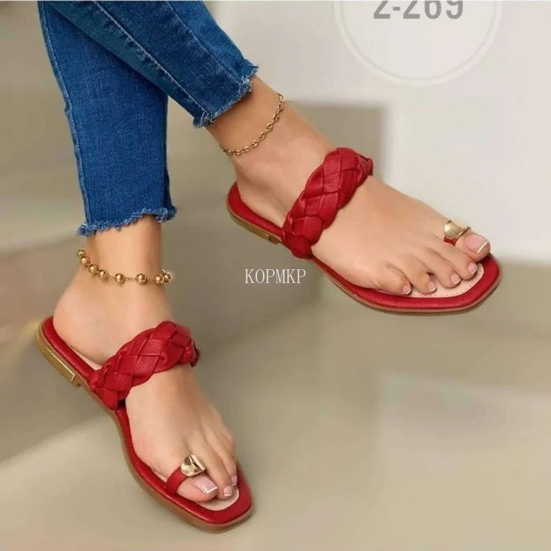 

Women's Sandals Flat Slippers Weave Fashion Shoes Flip Flops Square Toe Design Outdoor Zapatillas Casa Mujer Sapatos Femininos