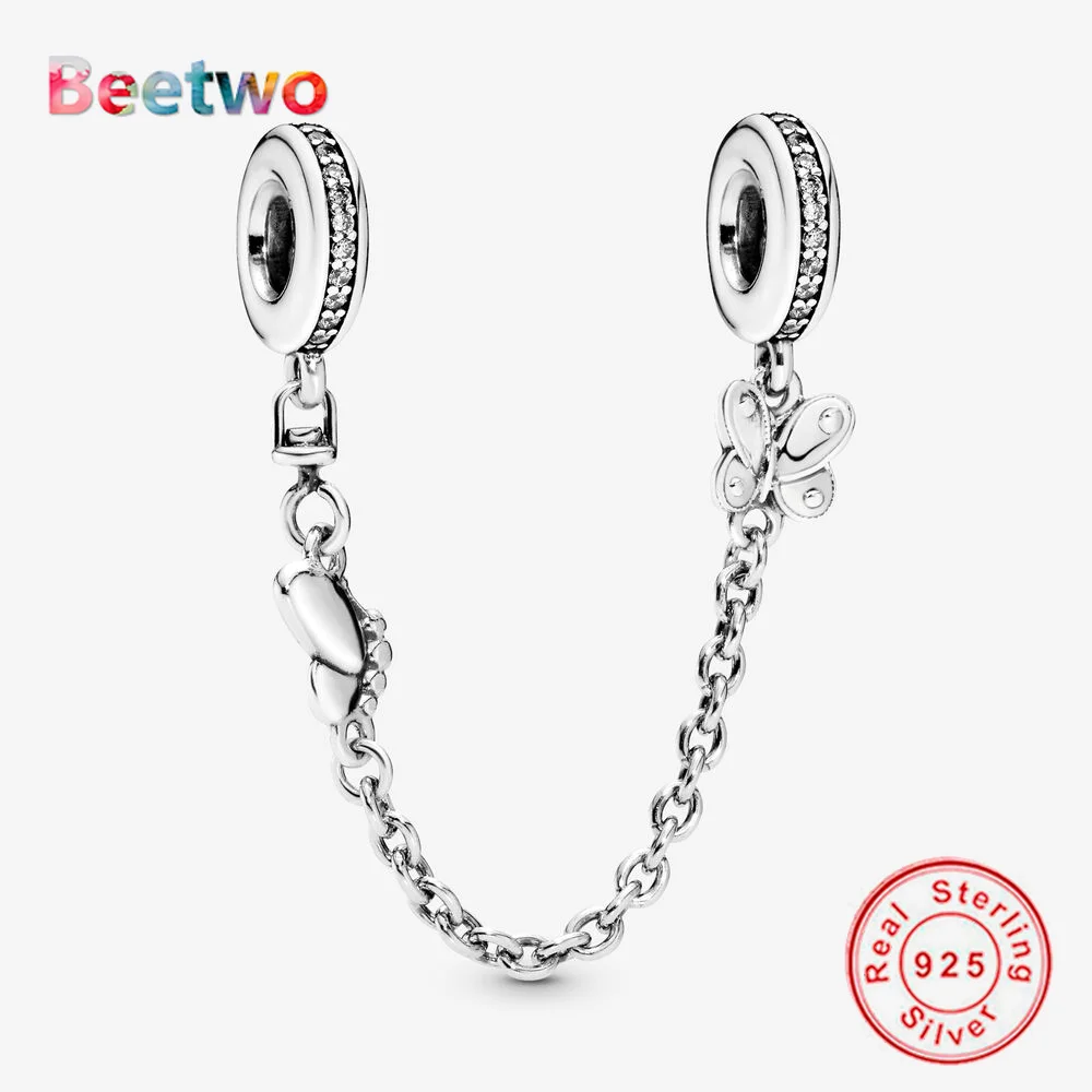 

925 Sterling Silver Charm Clear Pave Clip Charm Safety Chain Fit Original Pandora Bracelet Charm Women Jewelry Berloque