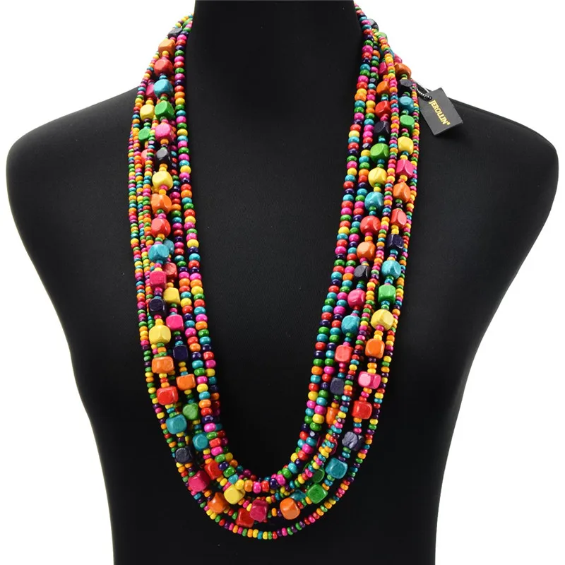 Деревянные бусы ручной работы Многослойное ожерелье 7 цветов длинное массивное s